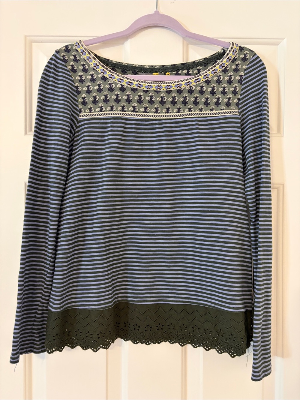 Anthropologie Striped Long-Sleeve Women's Top with Embroidered Yoke - Blue/Green